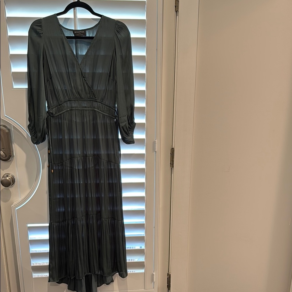 MINKPINK Green Pleated Wrap Gown with Bishop Sleeves